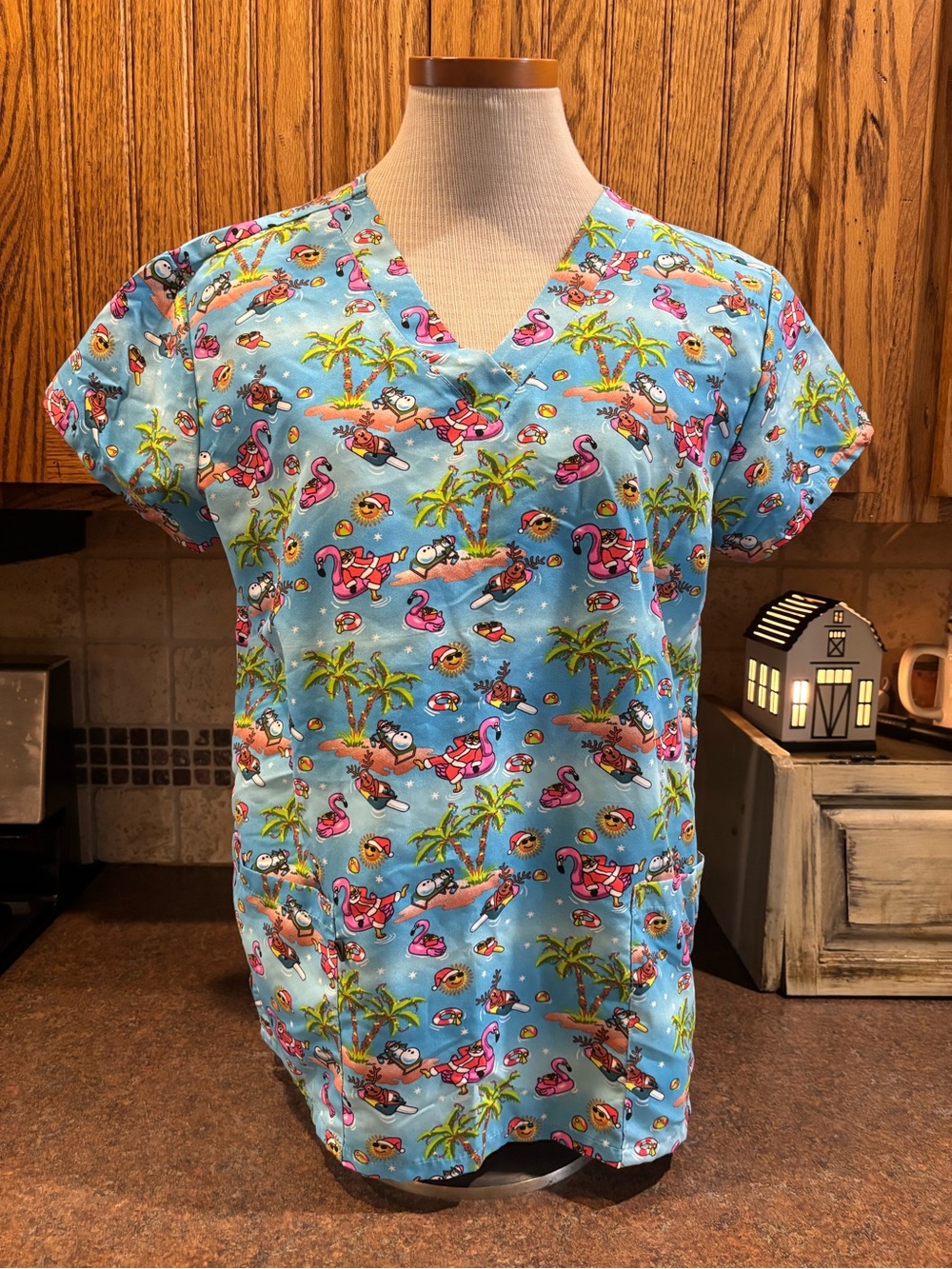 ❤️Women’s Blue Tropical Flamingo Print Scrub Top